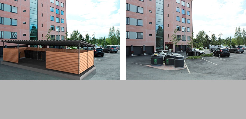 Molok -containers don't need hedges or sheds. You get more space for other purposes, like for parking places.